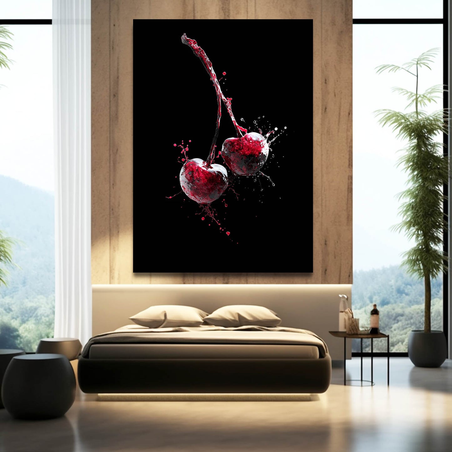 Cherry Splash Black Fruit Canvas Art – styled in a furnished interior