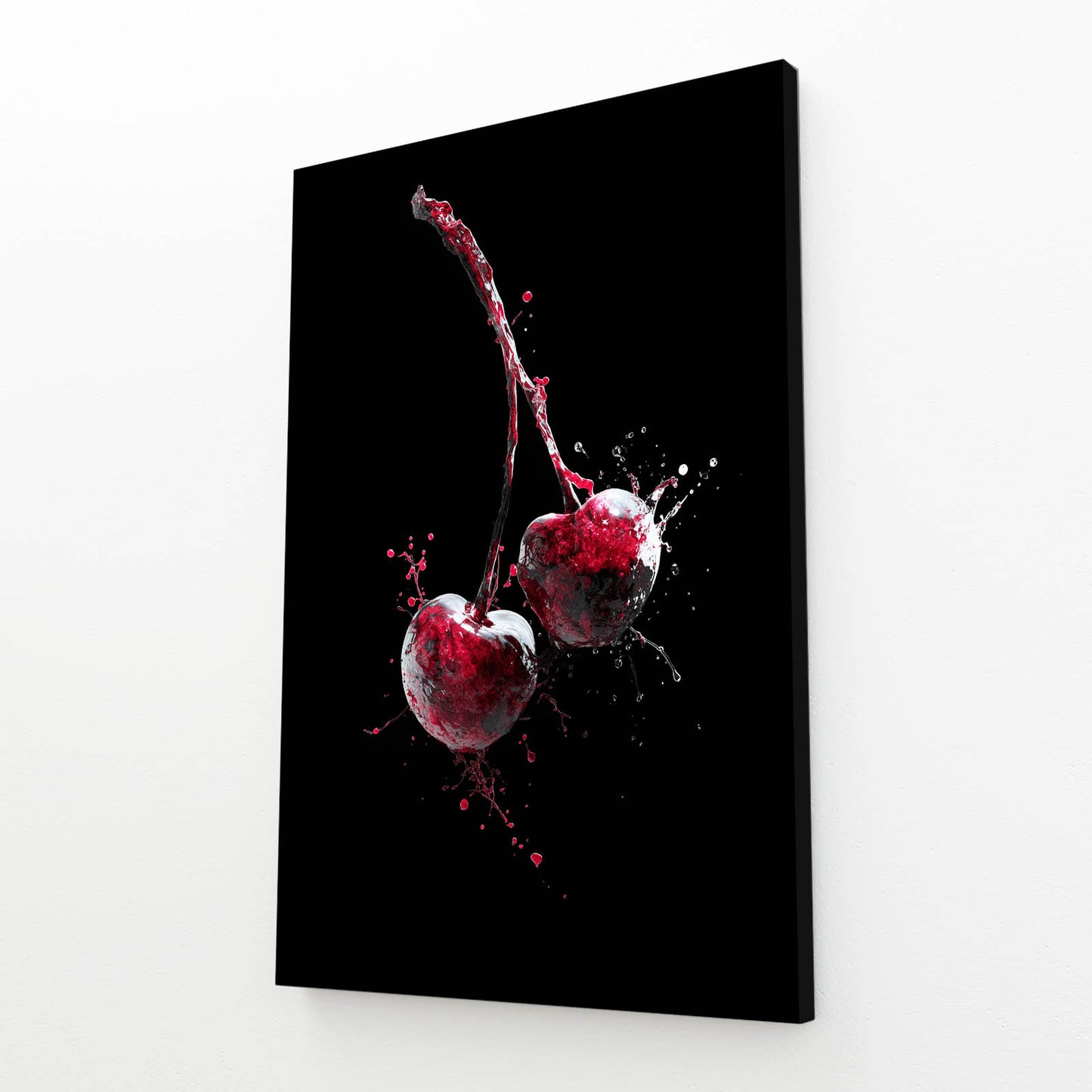 Cherry Splash Black Fruit Canvas Art – angled canvas view on white background