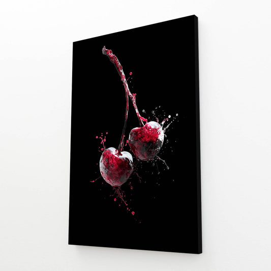 Cherry Splash Black Fruit Canvas Art – angled canvas view on white background