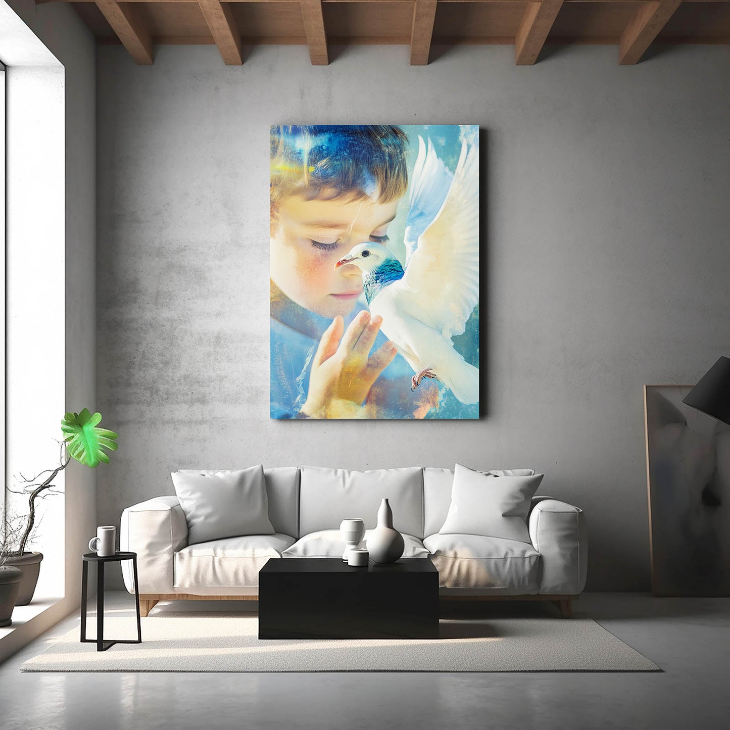 Child And White Dove Peace Wall Art – styled in a furnished interior