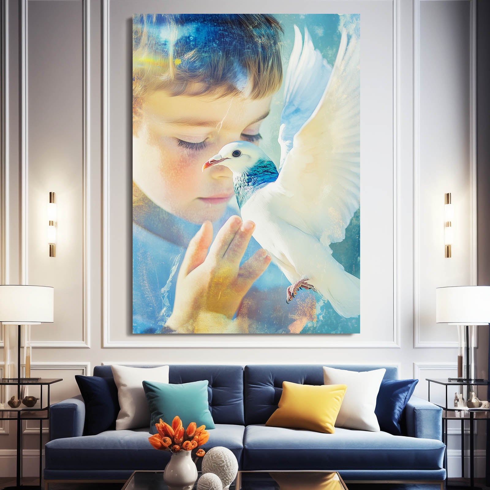 Child And White Dove Peace Wall Art – styled in a furnished interior