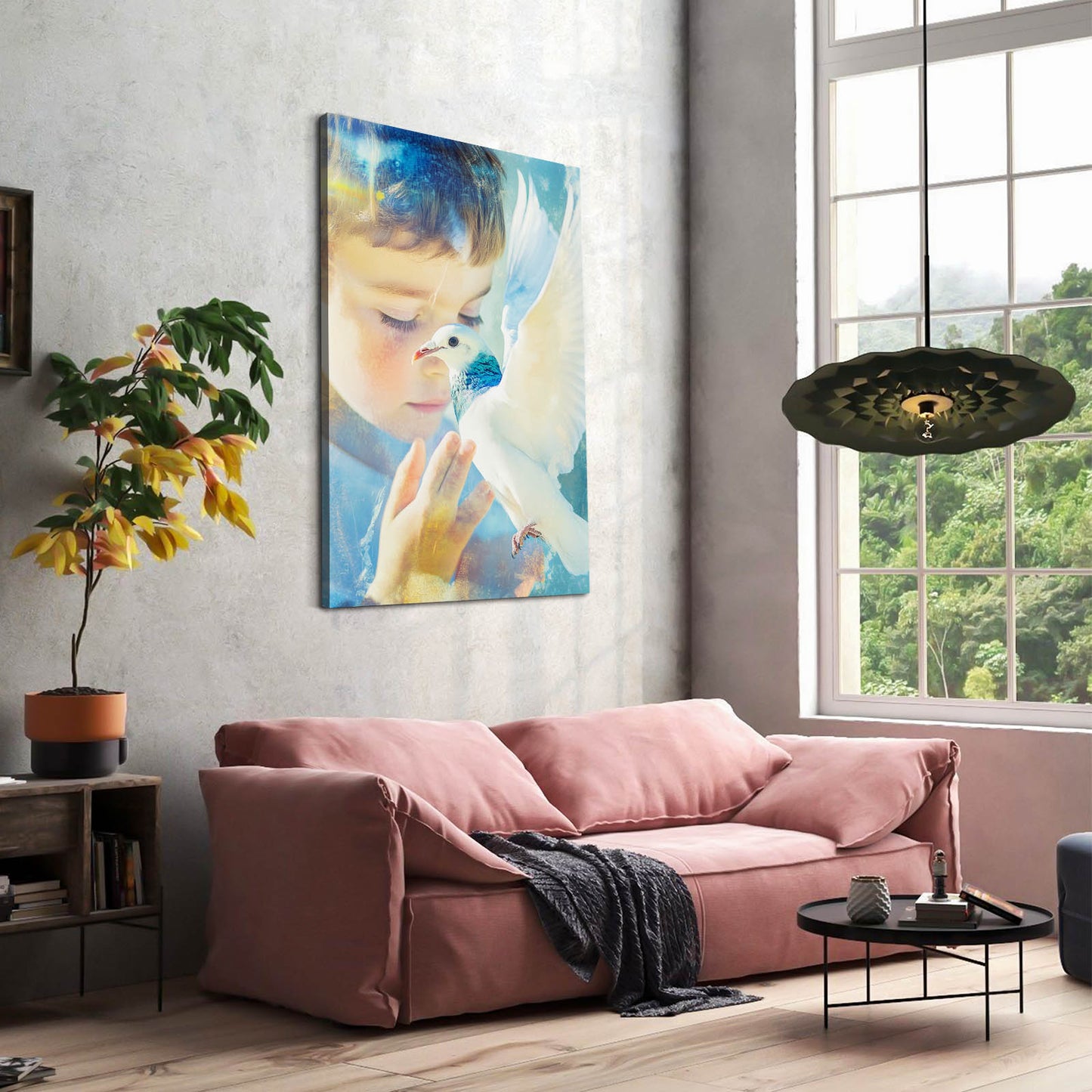 Child And White Dove Peace Wall Art – styled in a furnished interior