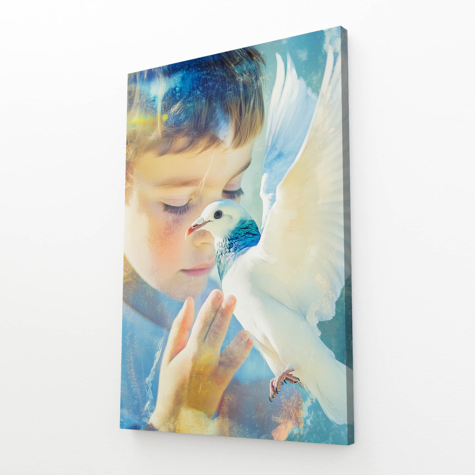 Child And White Dove Peace Wall Art – angled canvas view on white background