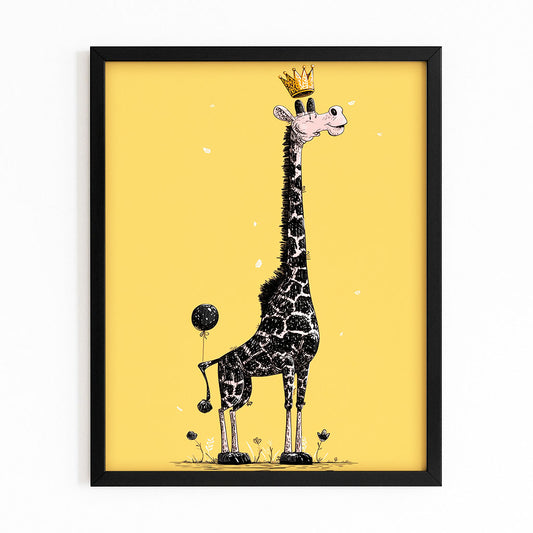 Framed artwork of a giraffe with a crown on a yellow background