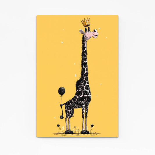Illustration of a giraffe wearing a crown on a yellow background