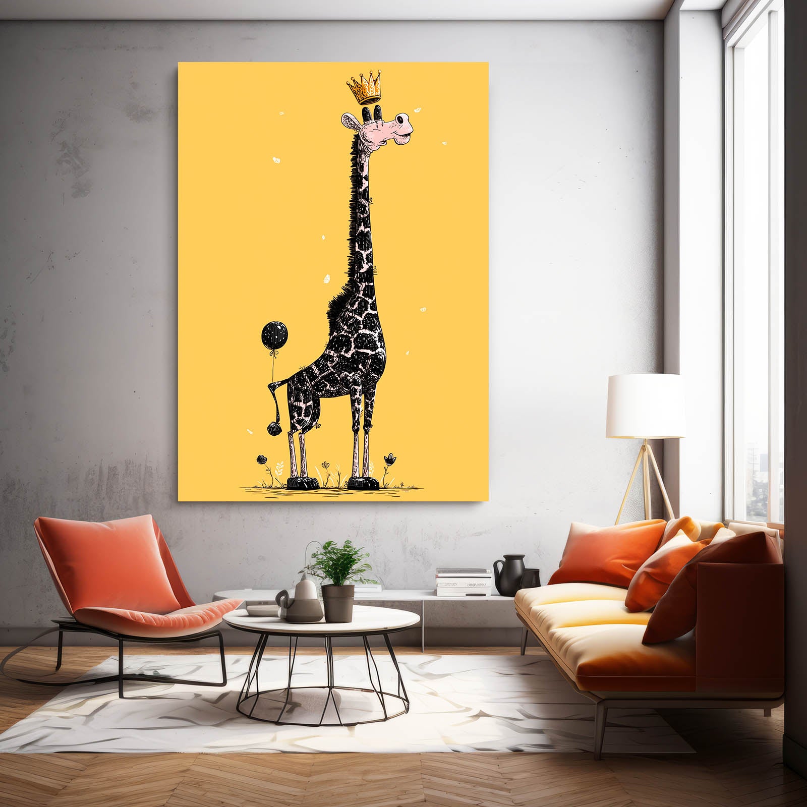 Living room with a giraffe painting on the wall