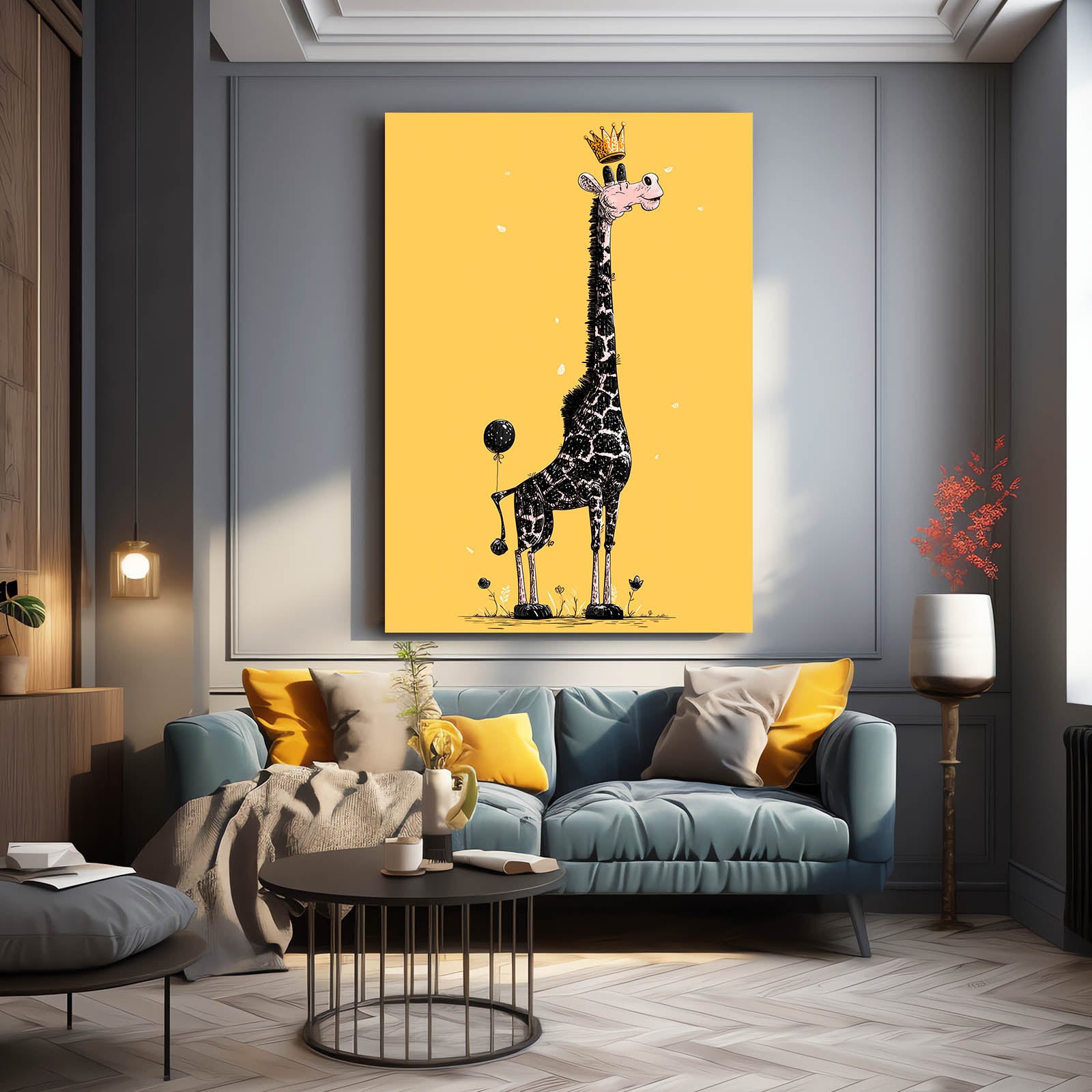 Living room with a blue sofa, yellow cushions, and a painting of a giraffe on a yellow background.