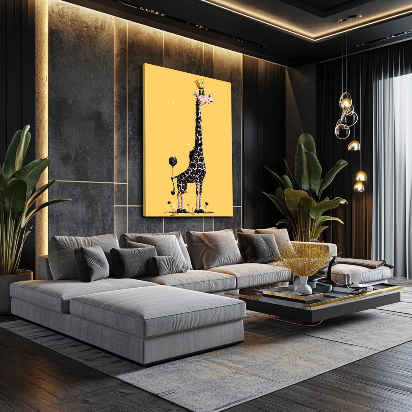 Modern living room with gray sectional sofa, yellow wall art of a giraffe, and decorative plants.