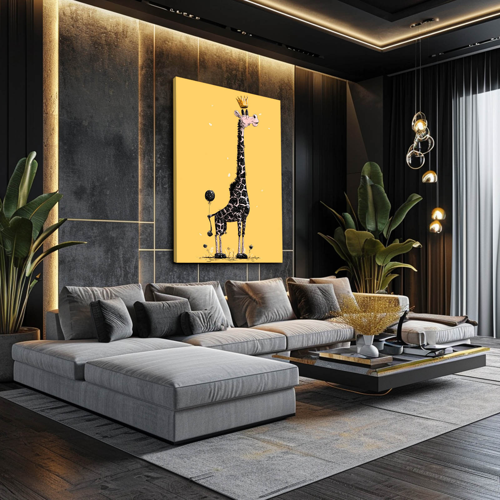 Modern living room with gray sectional sofa, yellow wall art of a giraffe, and decorative plants.