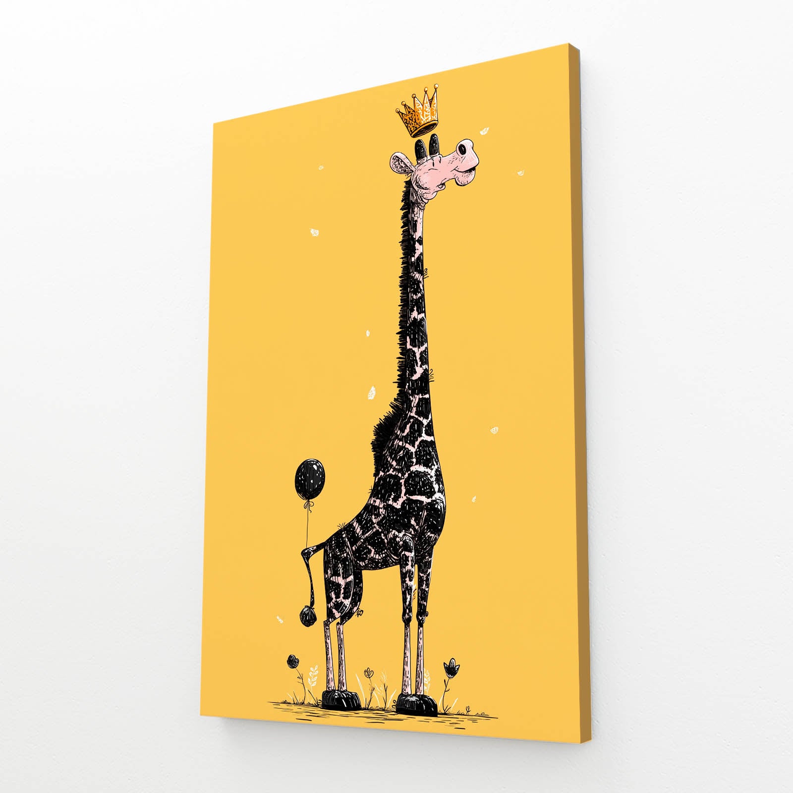 Illustration of a giraffe wearing a crown on a yellow background