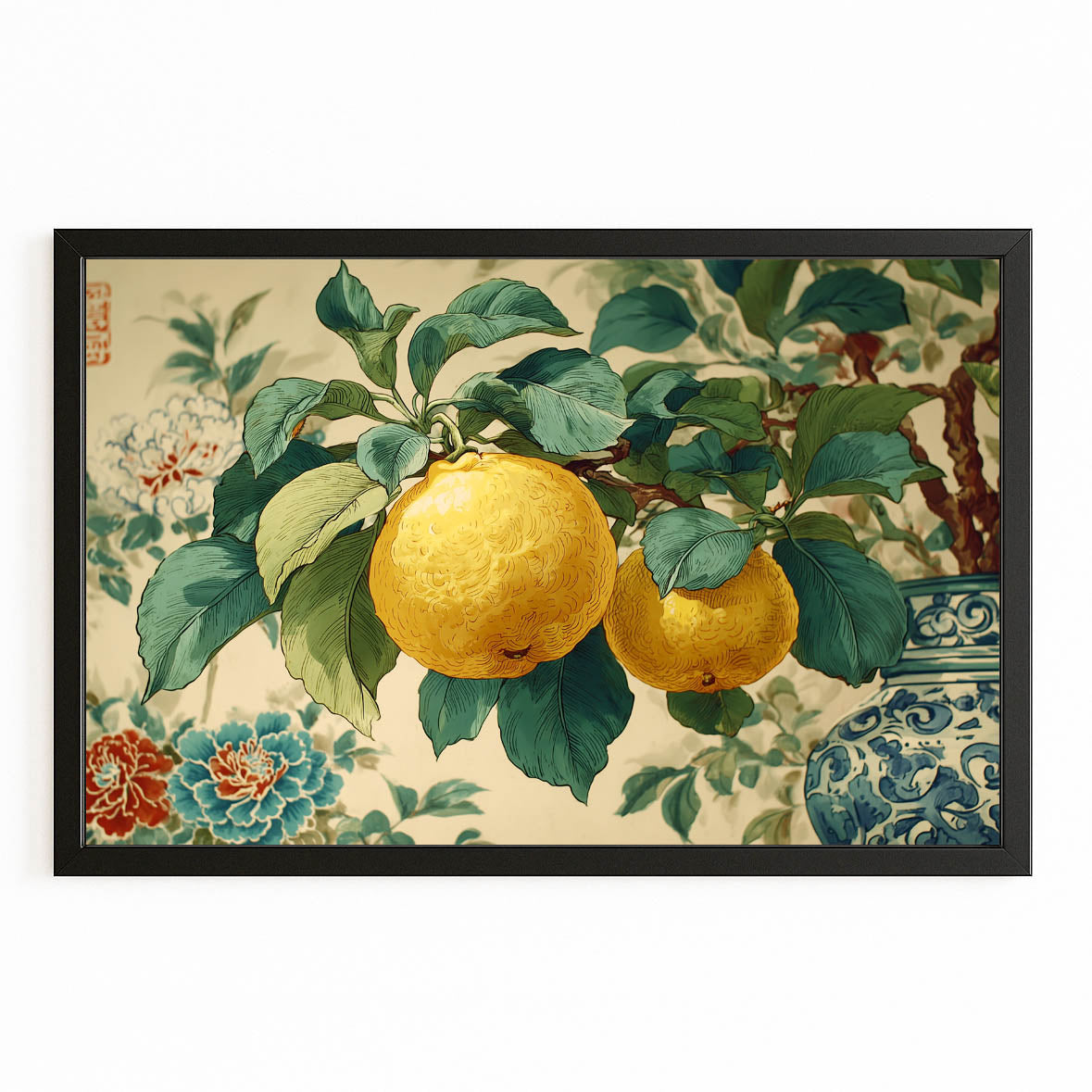 Chinoiserie Lemon Branch Fruit Wall Decor – with Premium Black frame on white background
