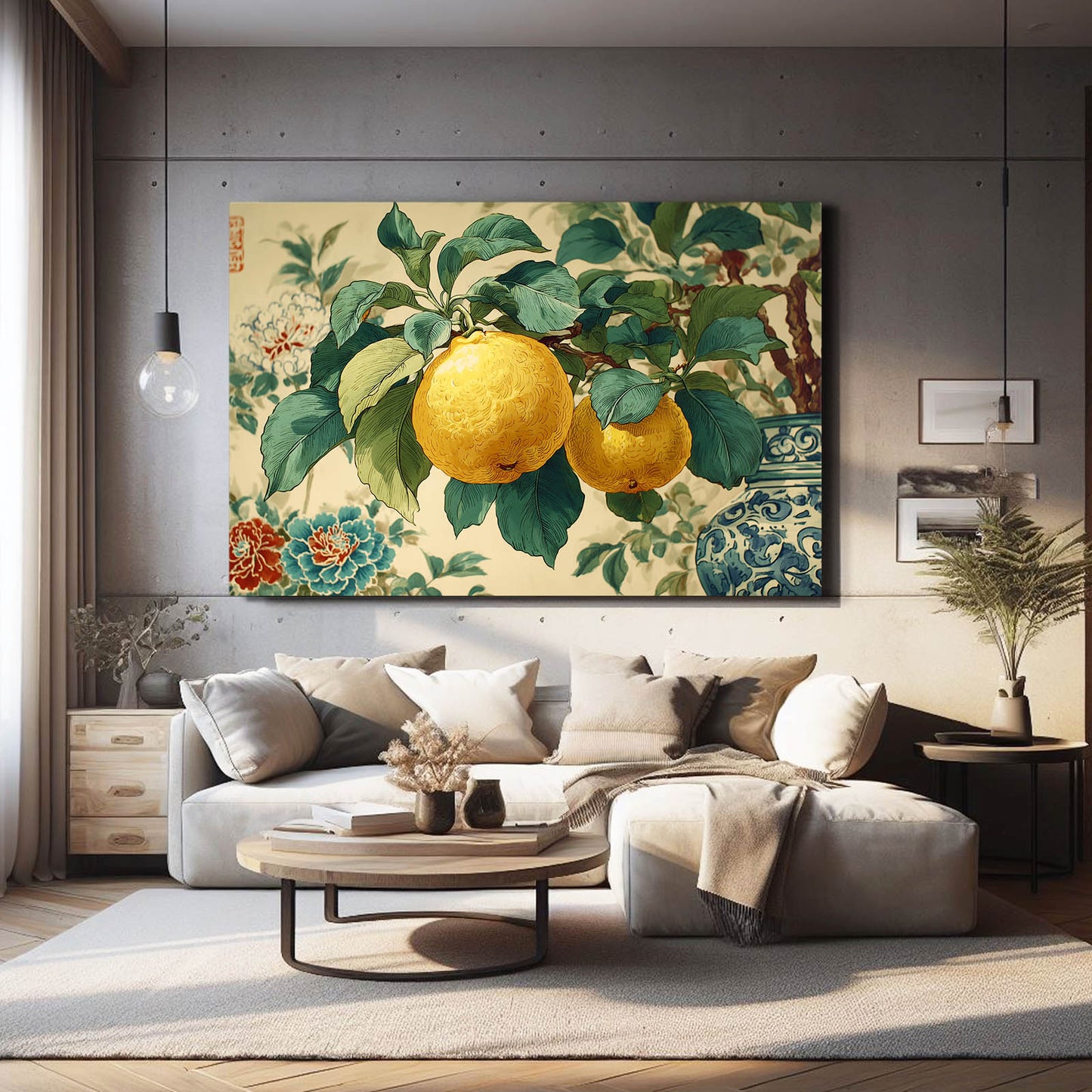 Chinoiserie Lemon Branch Fruit Wall Decor – styled in a furnished interior