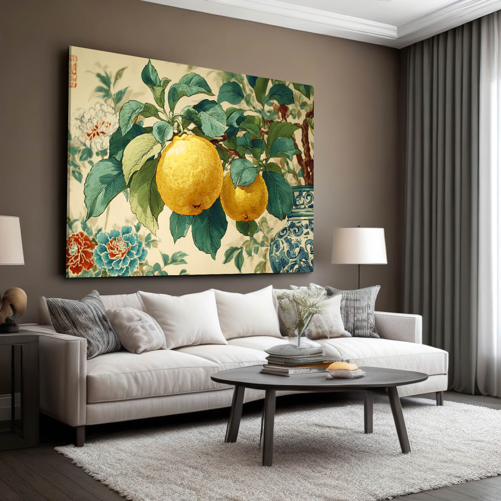 Chinoiserie Lemon Branch Fruit Wall Decor – styled in a furnished interior