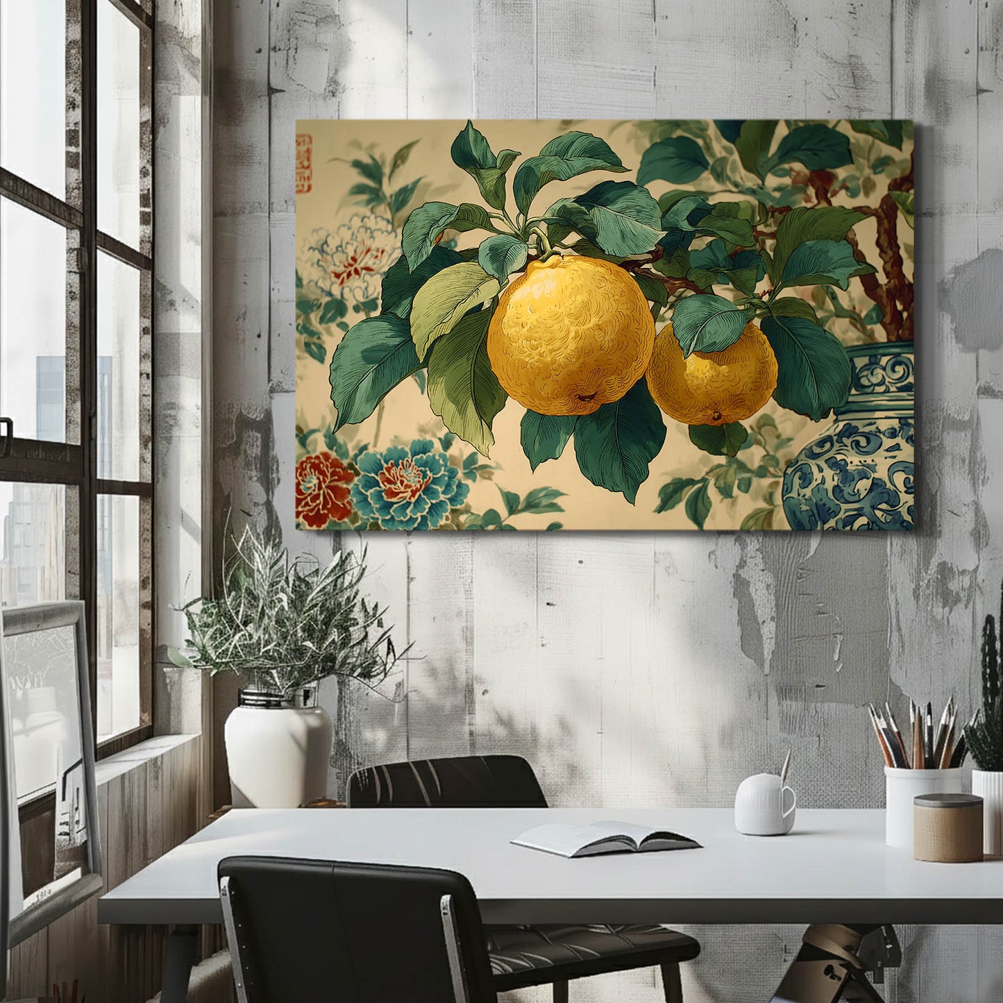 Chinoiserie Lemon Branch Fruit Wall Decor – styled in a furnished interior