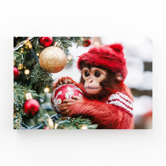 Christmas Ornament Hug Monkey Art – angled canvas view on white background