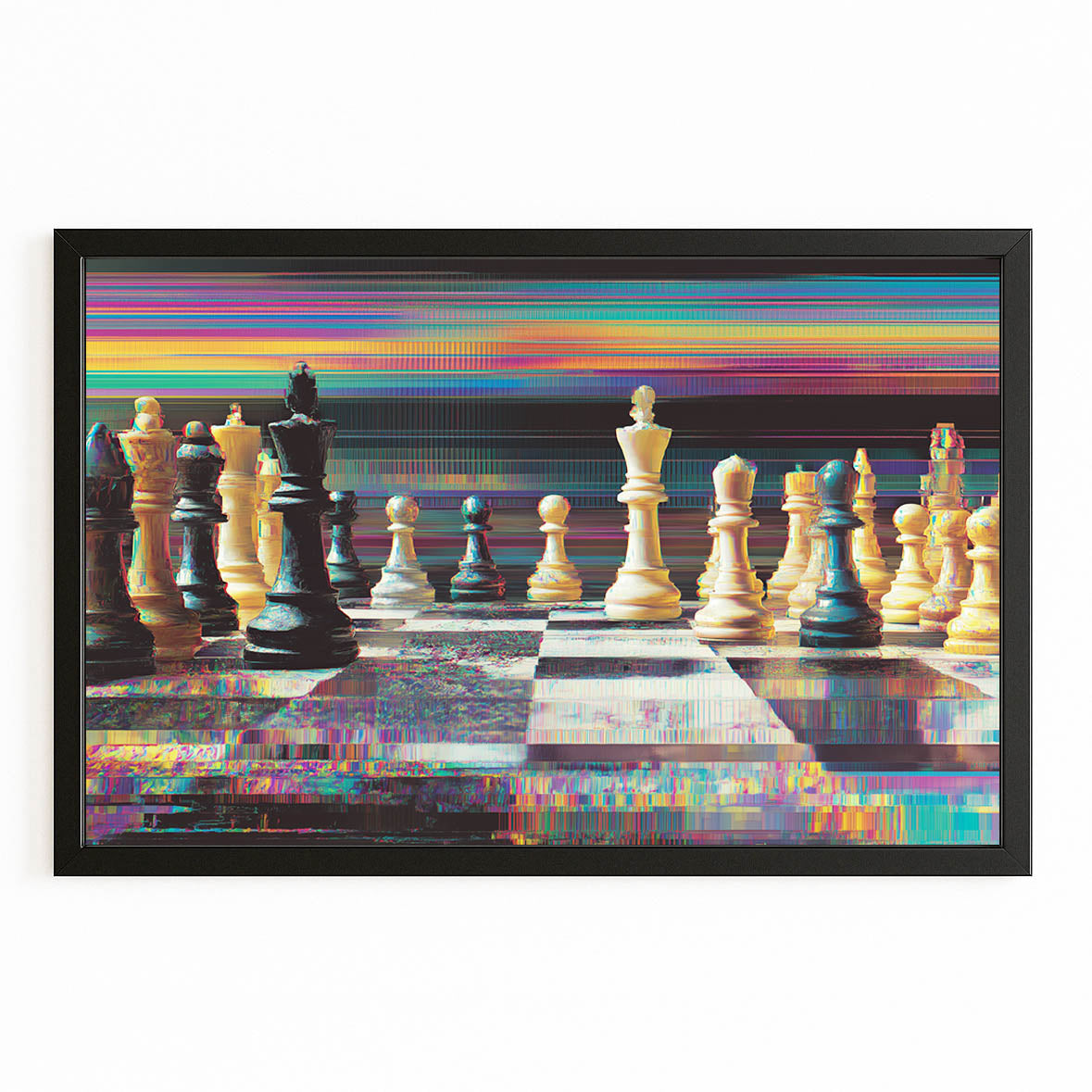 Chromatic Glitch Board Chess Wall Decor – with Premium Black frame on white background