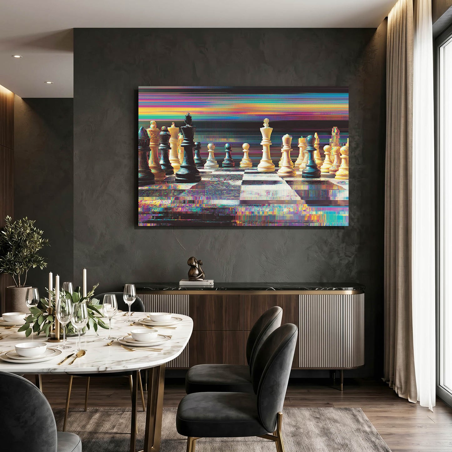 Chromatic Glitch Board Chess Wall Decor – styled in a furnished interior