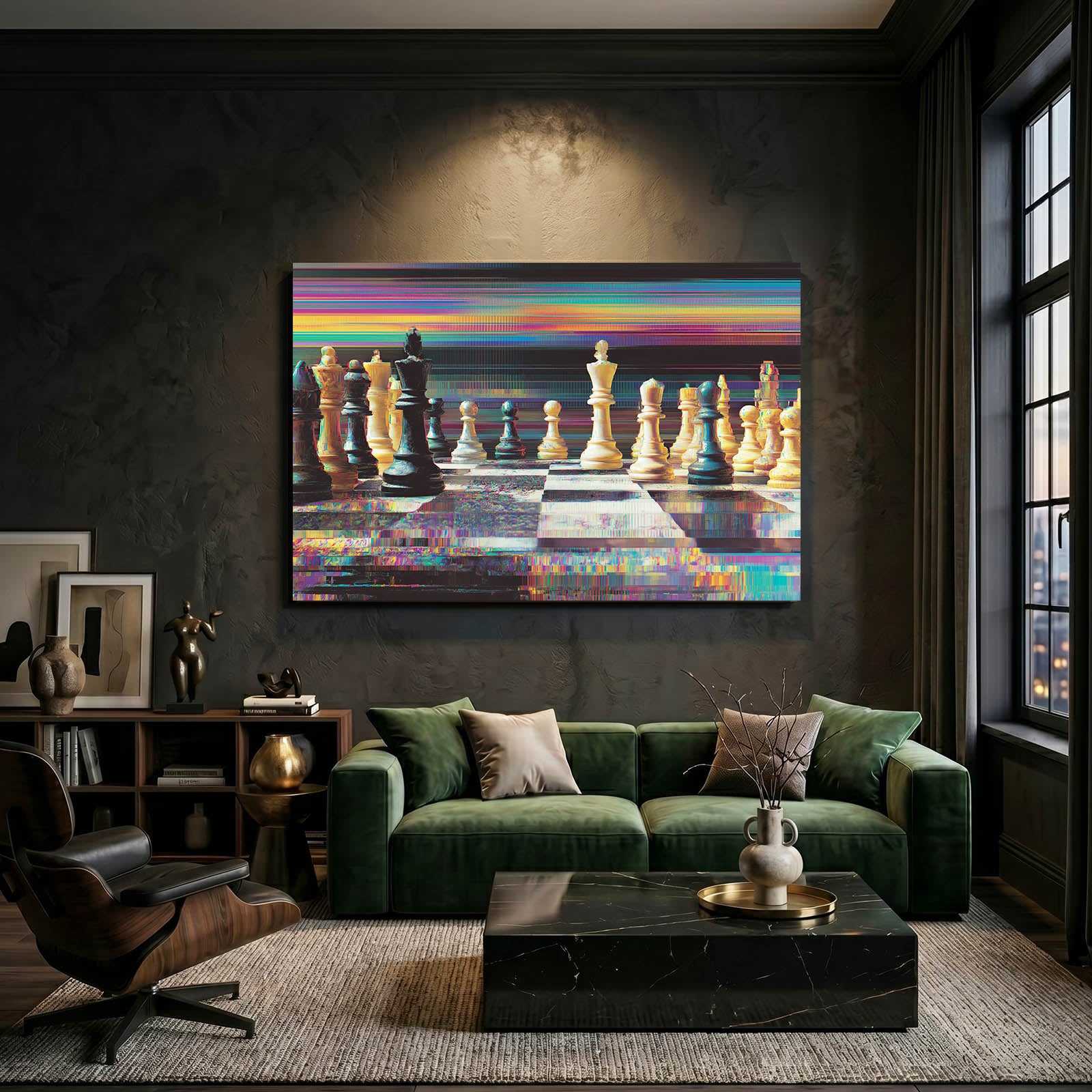 Chromatic Glitch Board Chess Wall Decor – styled in a furnished interior