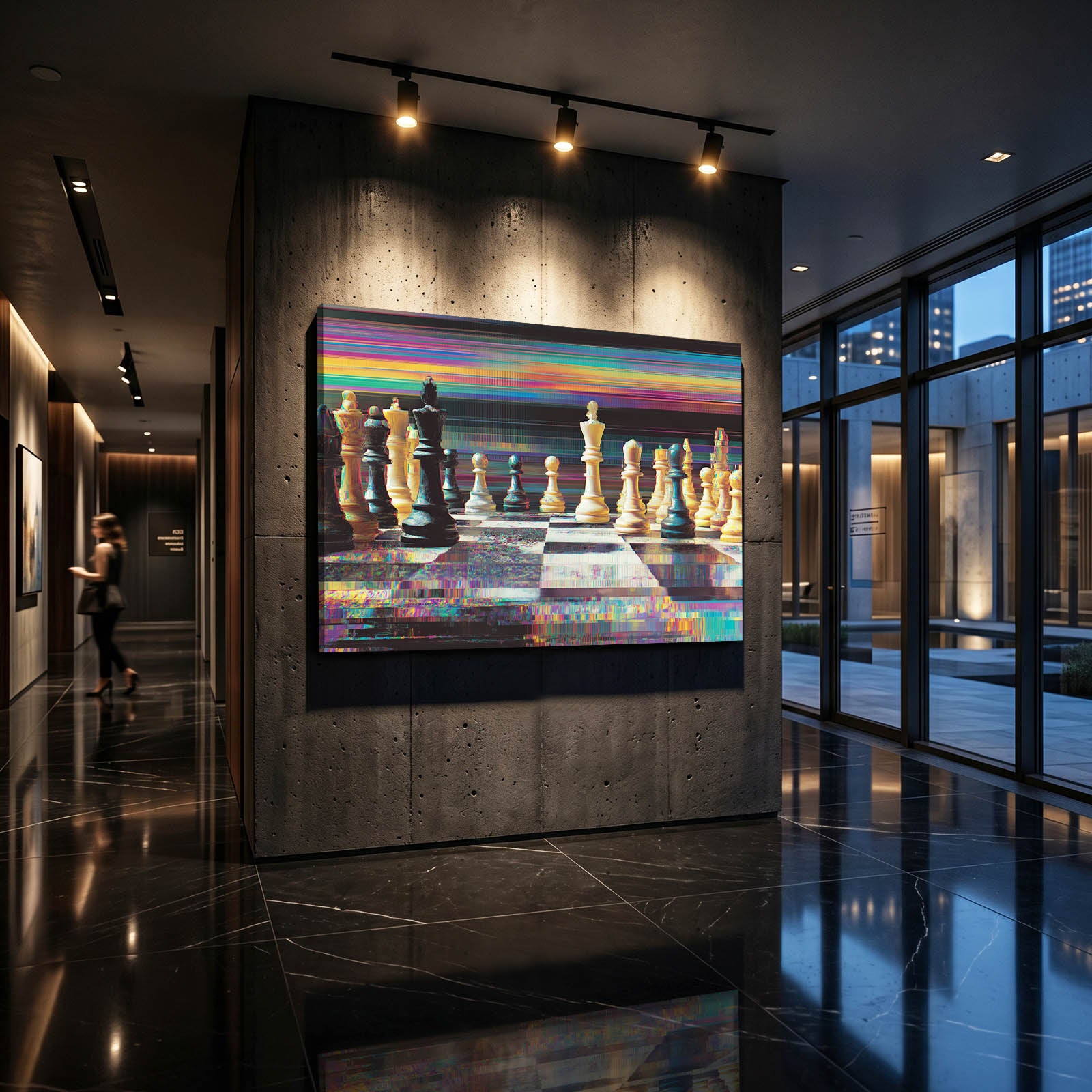 Chromatic Glitch Board Chess Wall Decor – styled in a furnished interior