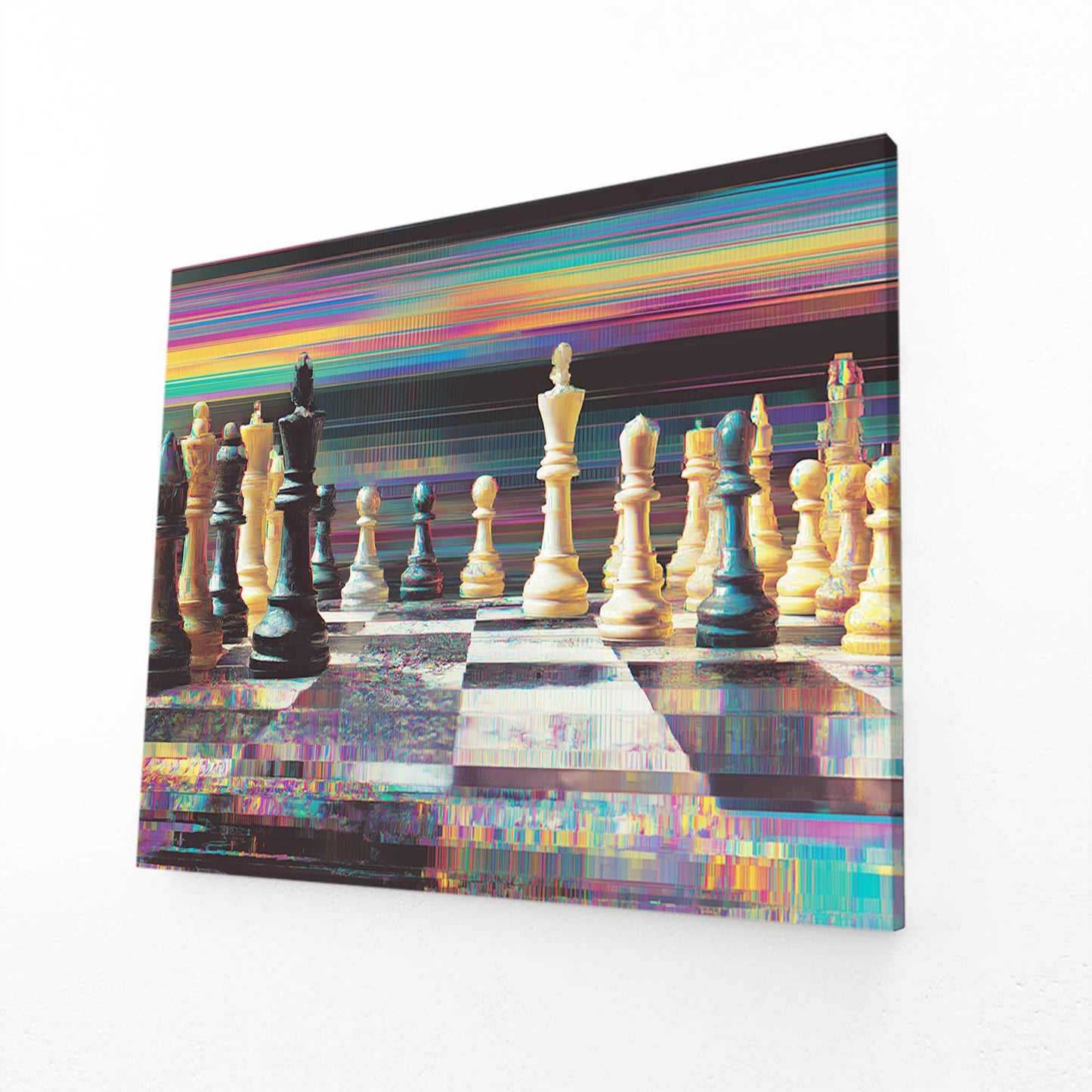 Chromatic Glitch Board Chess Wall Decor – angled canvas view on white background