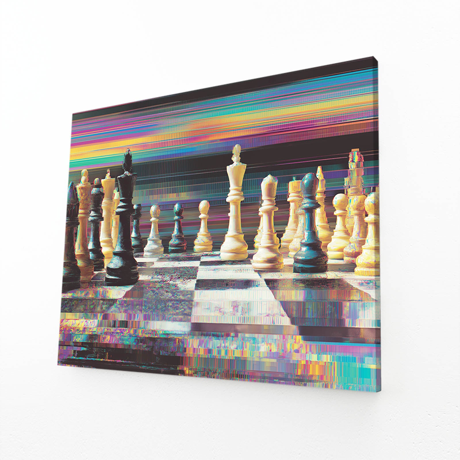 Chromatic Glitch Board Chess Wall Decor – angled canvas view on white background