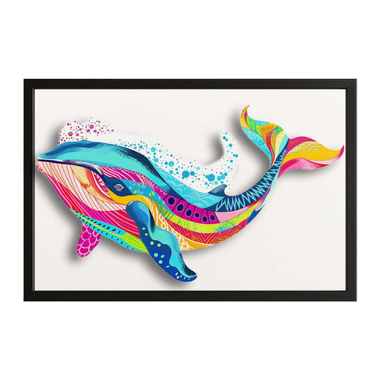Chromatic Tide Whale Art — boho canvas print in blue tones, with Premium Black frame on white background