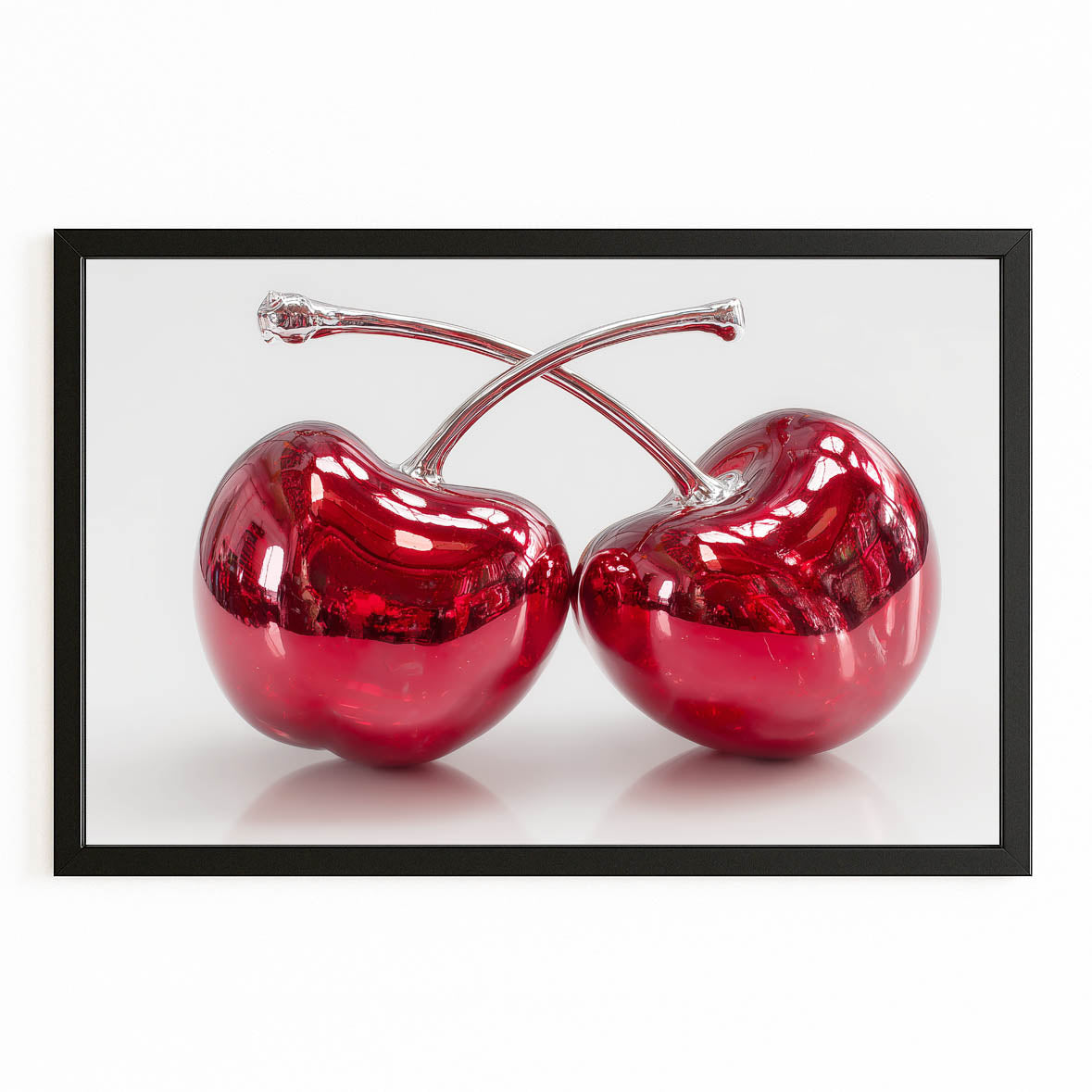 Chrome Cherry Pair Fruit Art – with Premium Black frame on white background