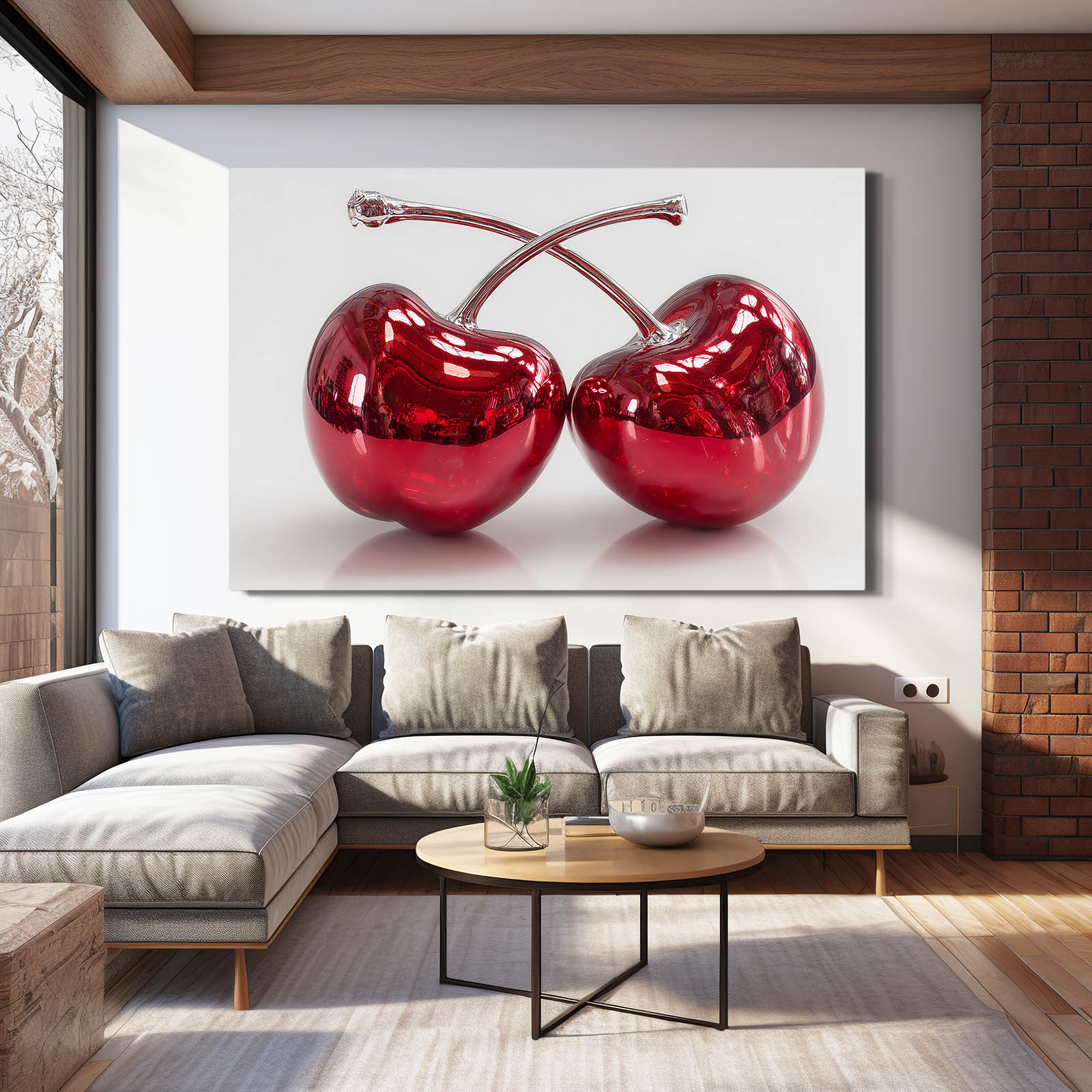 Chrome Cherry Pair Fruit Art – styled in a furnished interior