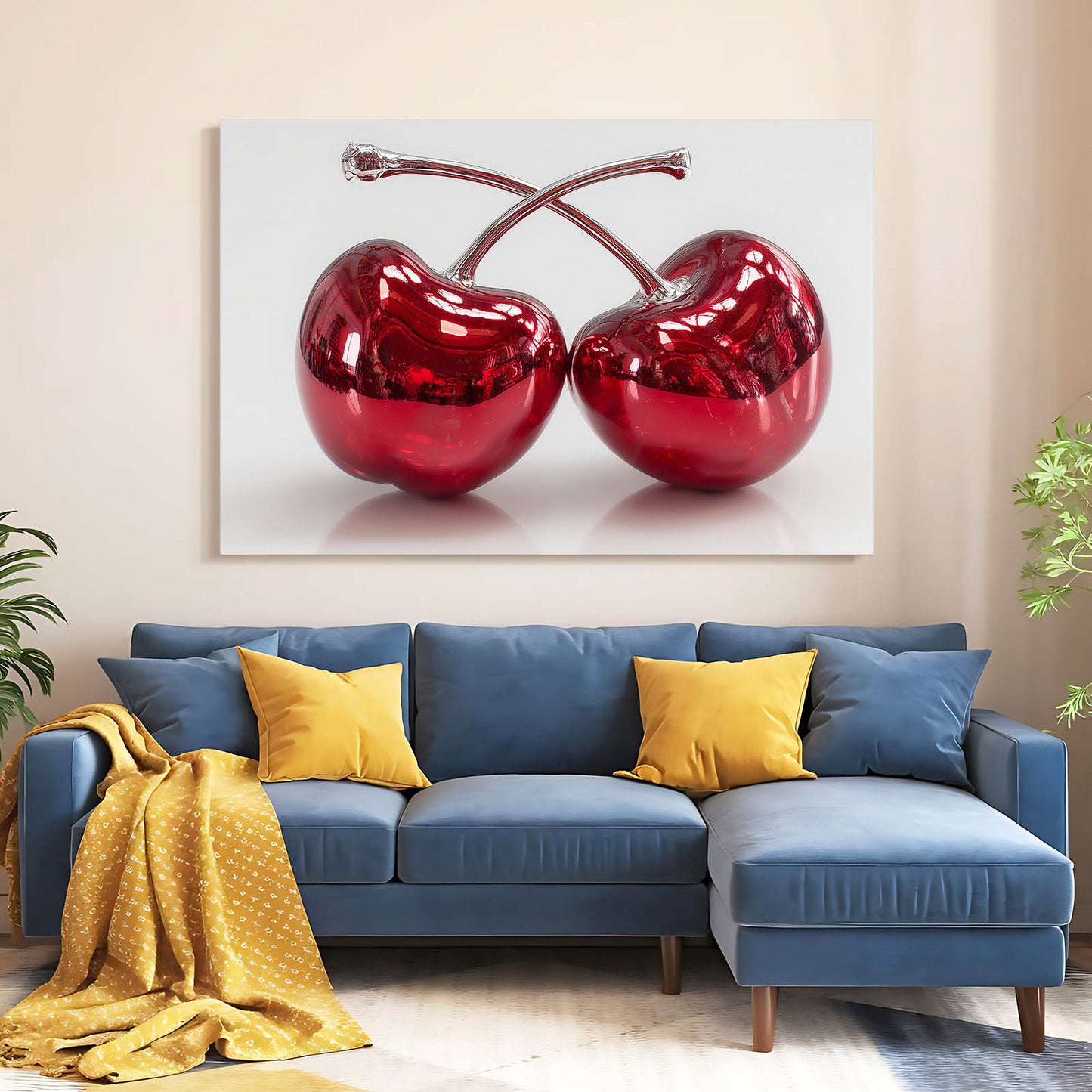 Chrome Cherry Pair Fruit Art – styled in a furnished interior