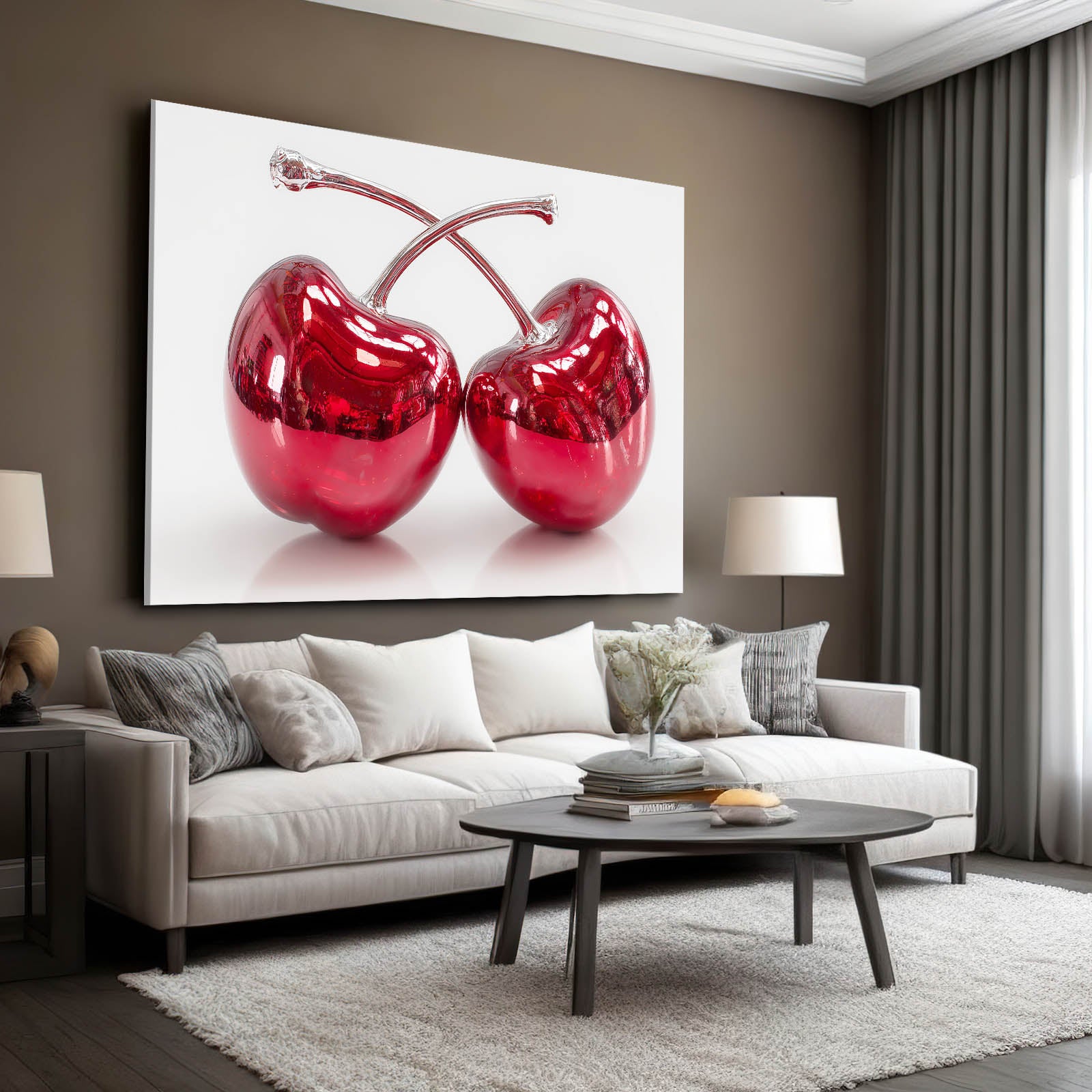 Chrome Cherry Pair Fruit Art – styled in a furnished interior