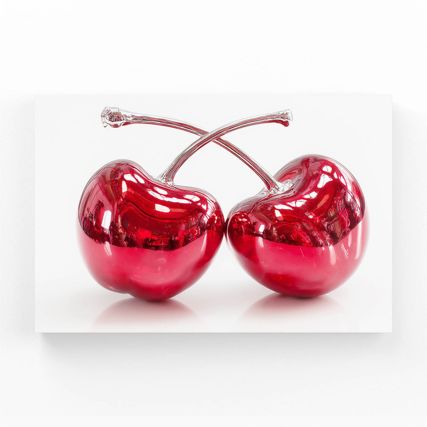 Chrome Cherry Pair Fruit Art – angled canvas view on white background