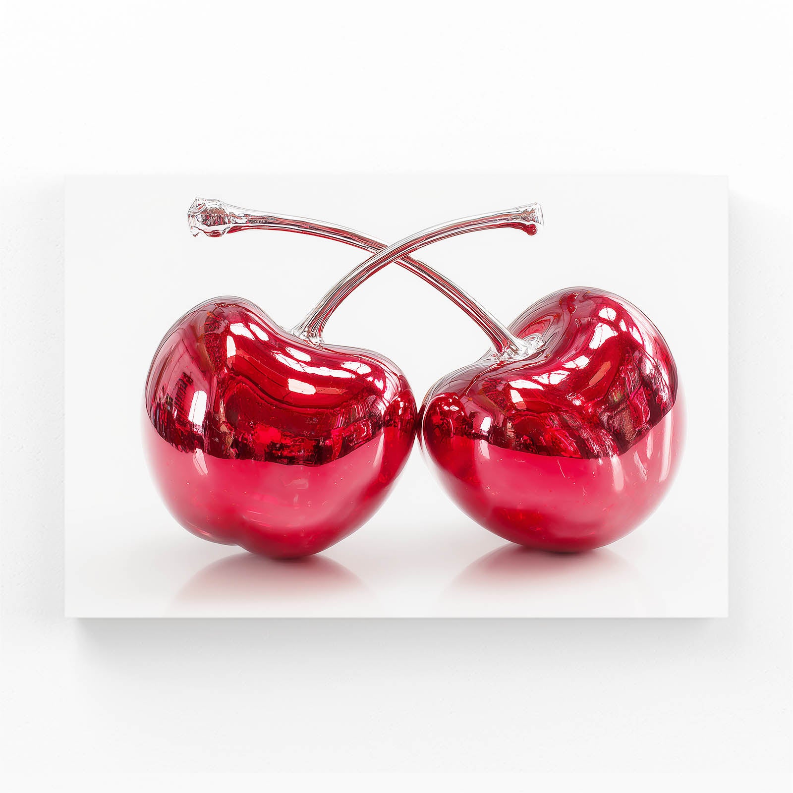 Chrome Cherry Pair Fruit Art – angled canvas view on white background
