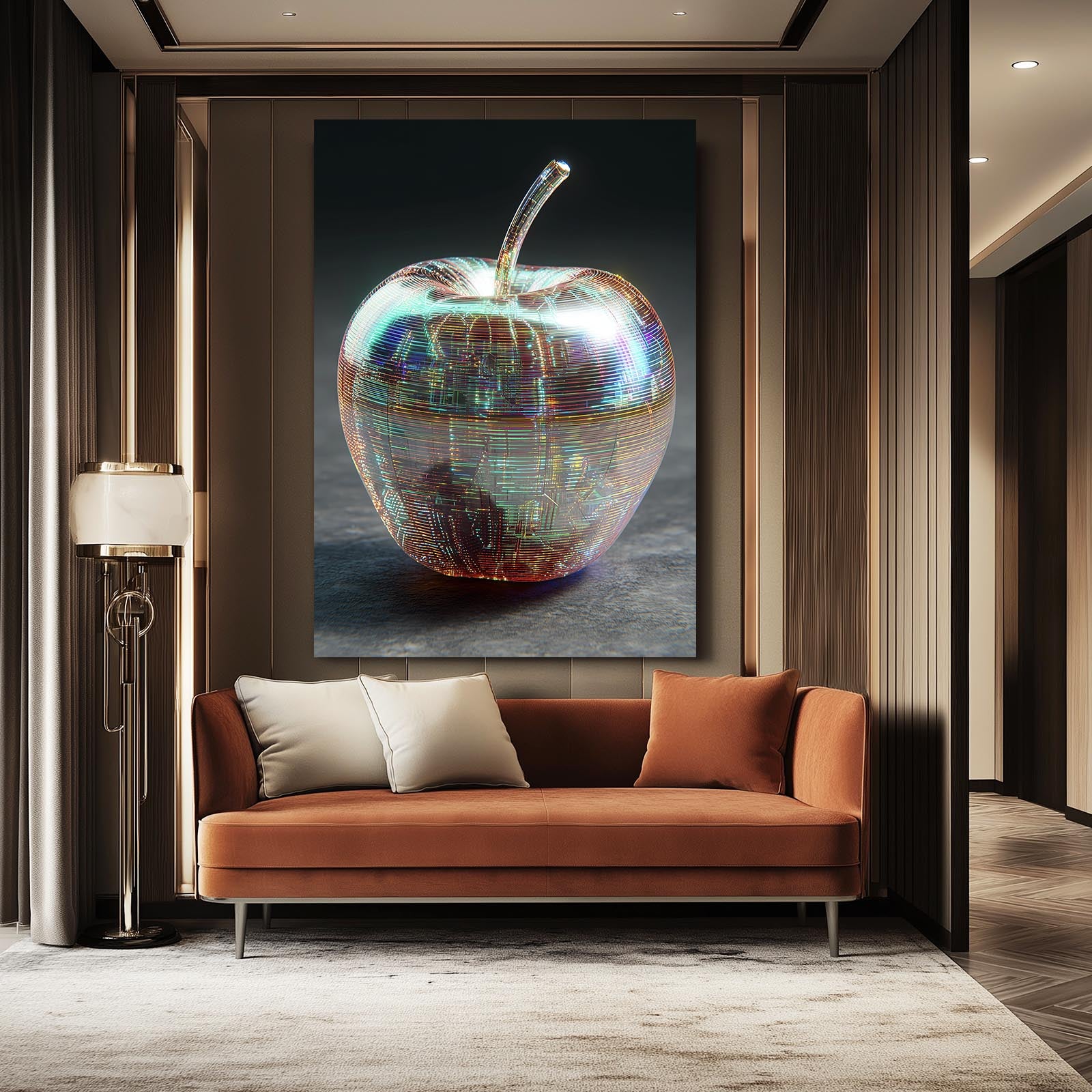 Chrome Metallic Apple Prints – styled in a furnished interior