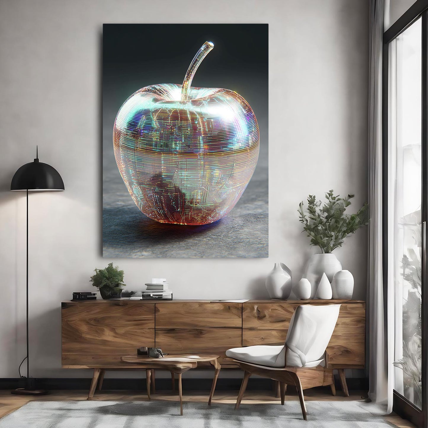 Chrome Metallic Apple Prints – styled in a furnished interior