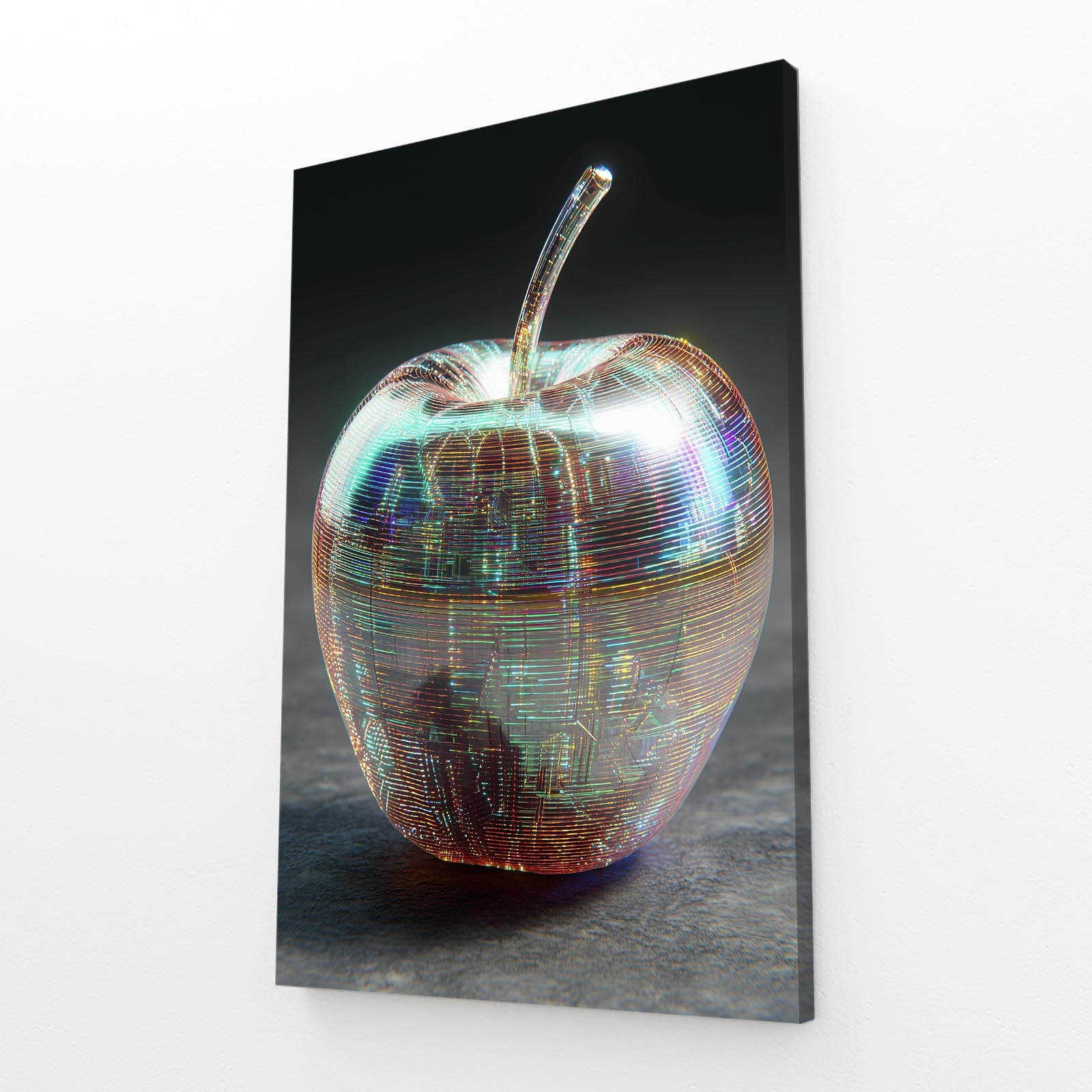 Chrome Metallic Apple Prints – angled canvas view on white background