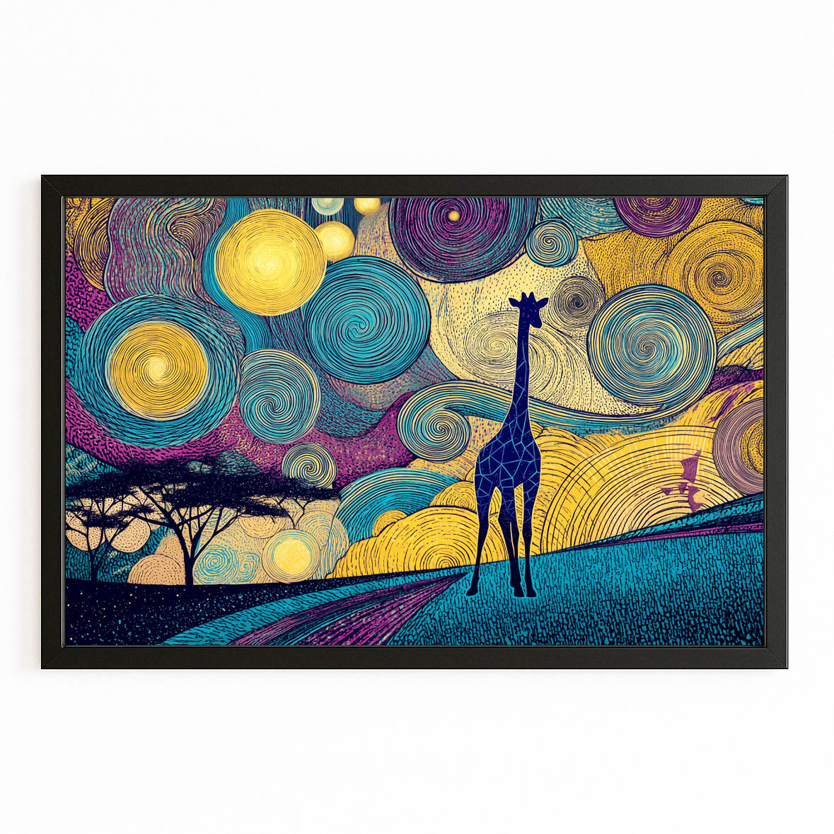 Colorful abstract painting of a giraffe with swirling patterns and lights on a white background