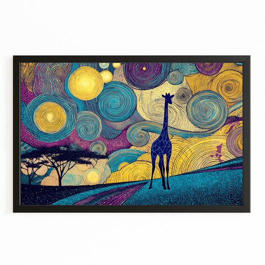 Colorful abstract painting of a giraffe with swirling patterns and lights on a white background