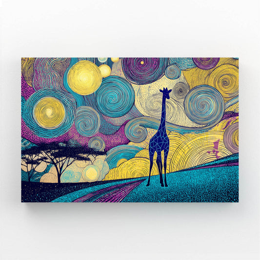 Colorful abstract painting with a giraffe silhouette on a white background