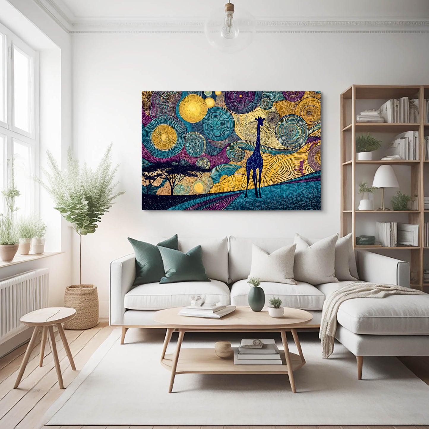 Modern living room with a colorful abstract painting of a giraffe on the wall.