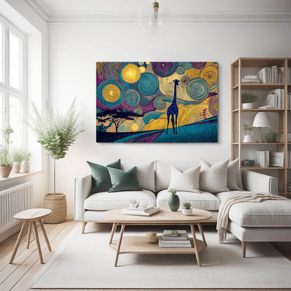 Modern living room with a colorful abstract painting of a giraffe on the wall.