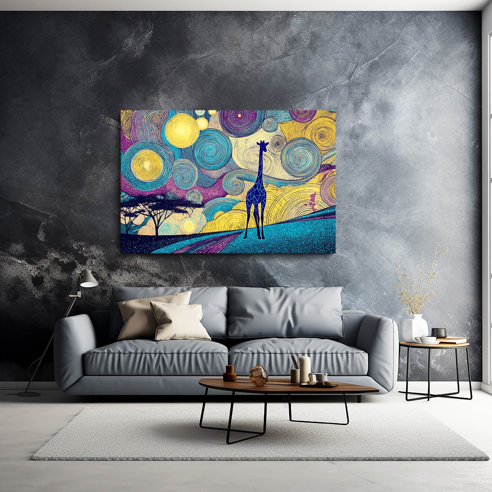 Colorful abstract painting of a giraffe on a gray wall above a gray sofa in a living room.