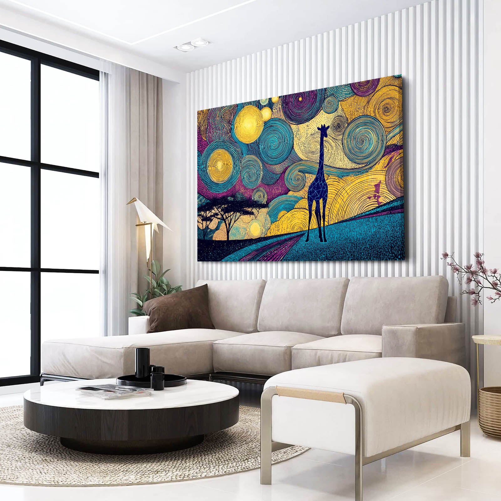 Modern living room with a colorful abstract painting of a giraffe on the wall.