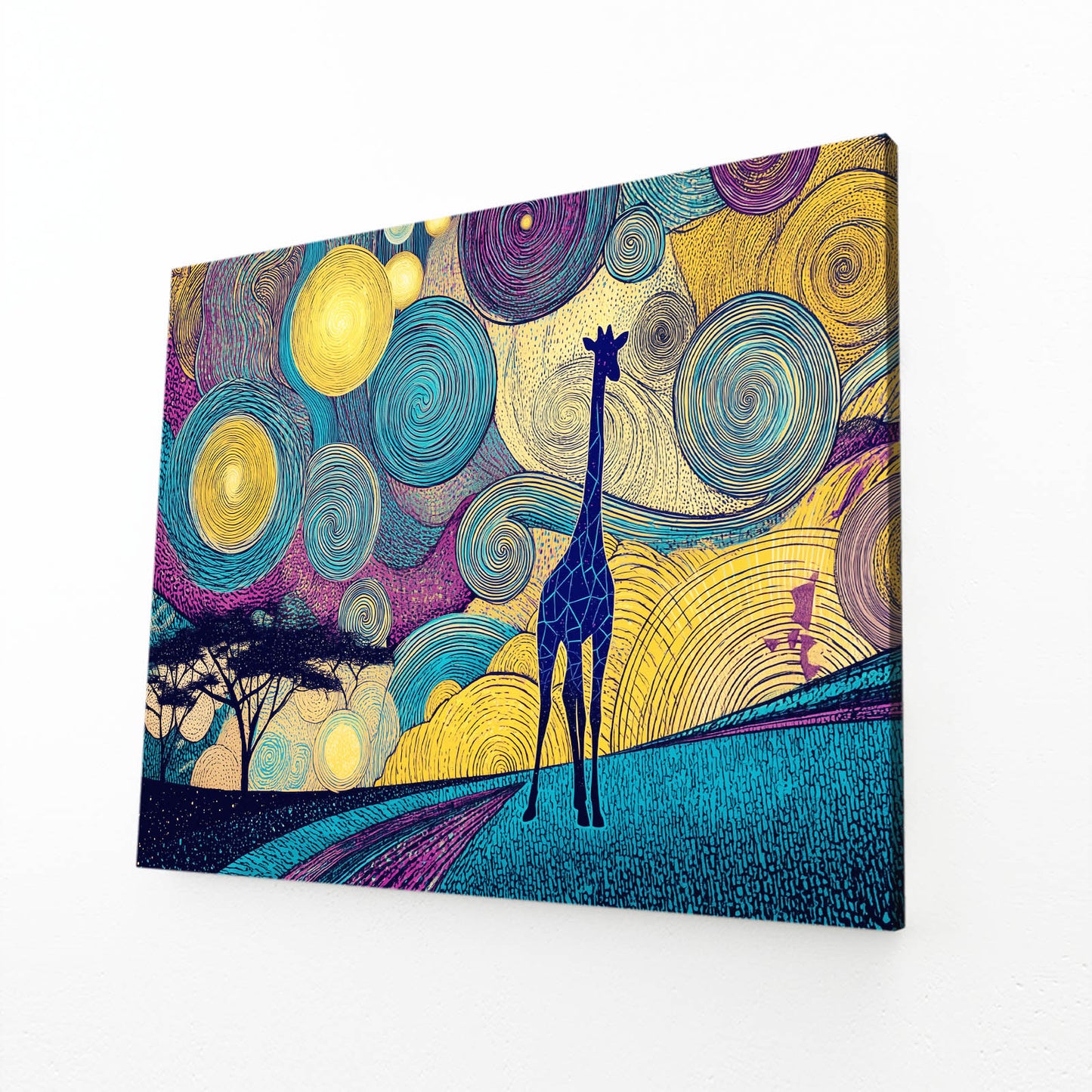 Colorful abstract painting with a giraffe silhouette on a white background