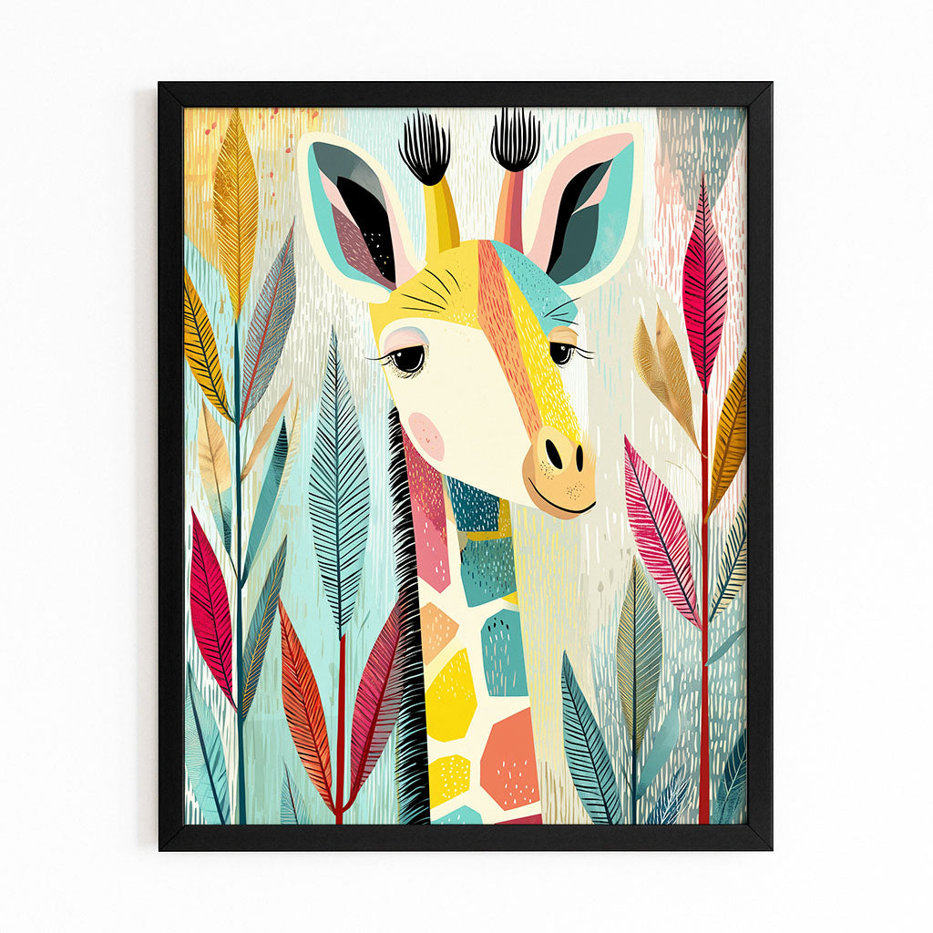 Colorful illustration of a giraffe surrounded by abstract leaves on a white background