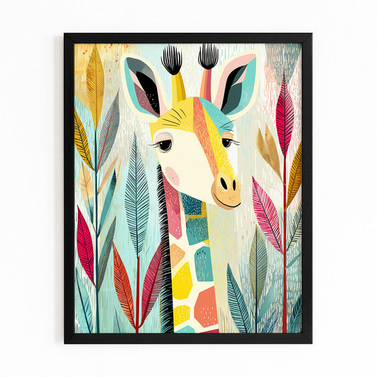 Colorful illustration of a giraffe surrounded by abstract leaves on a white background