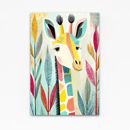 Colorful illustration of a giraffe surrounded by abstract leaves on a light blue background