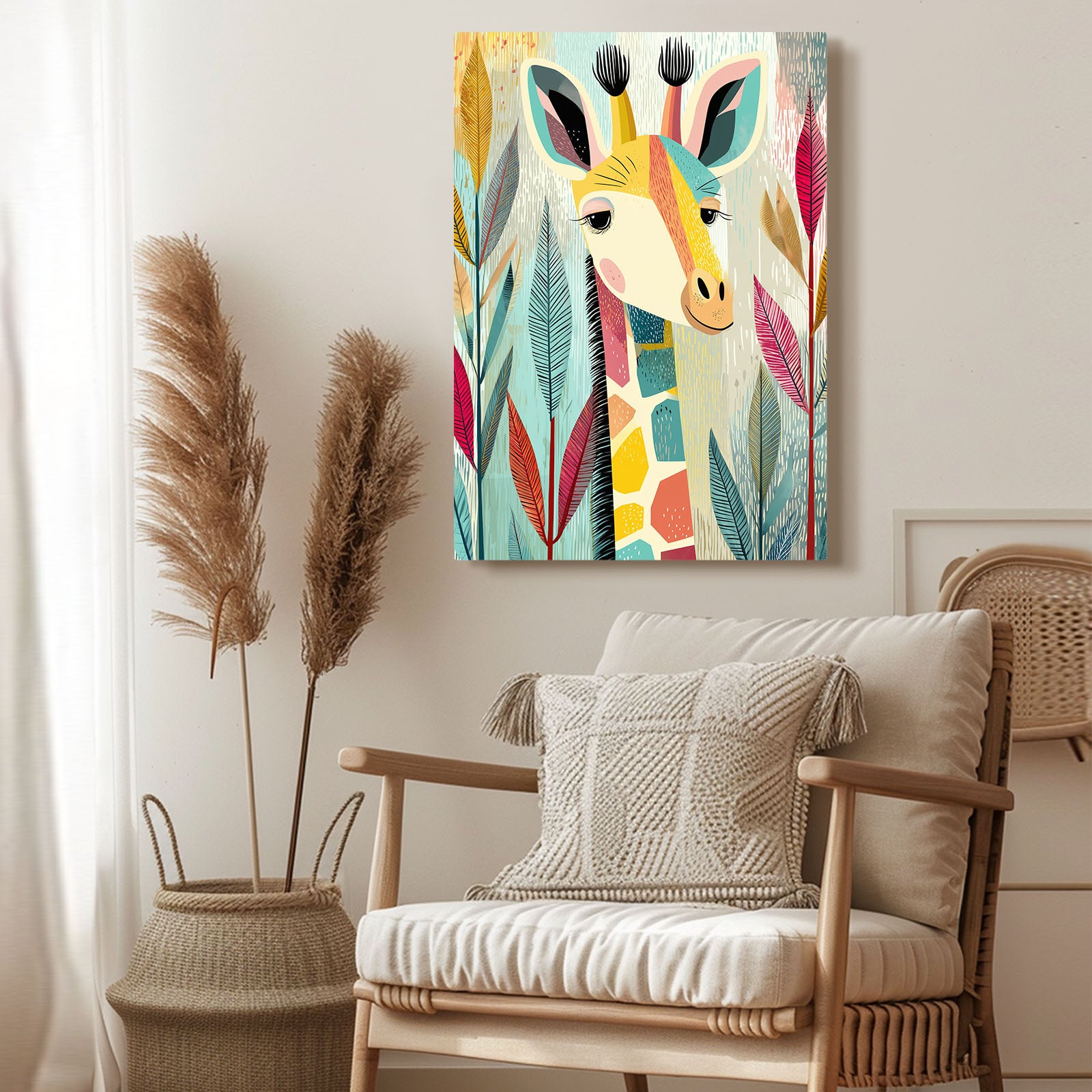 Colorful giraffe artwork on a wall above a chair with decorative pillows.