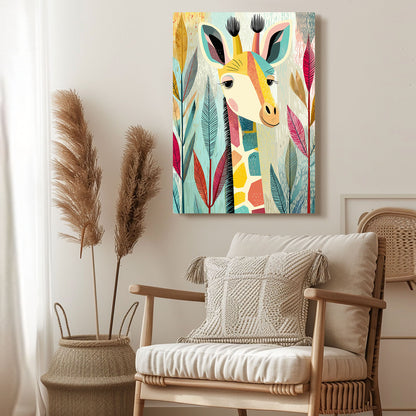 Colorful giraffe artwork on a wall above a chair with decorative pillows.