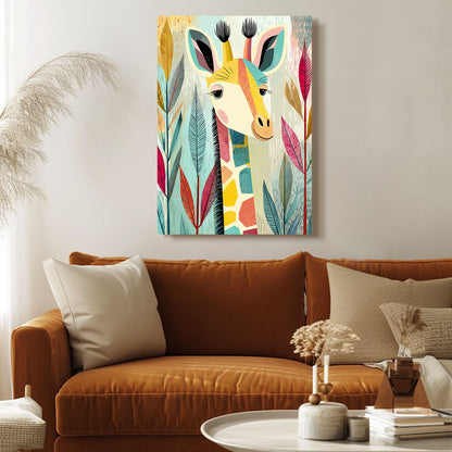Colorful giraffe painting above a brown sofa in a living room.