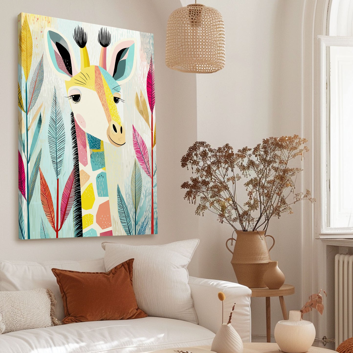 Colorful abstract painting of two faces on a wall above a sofa with decorative pillows.